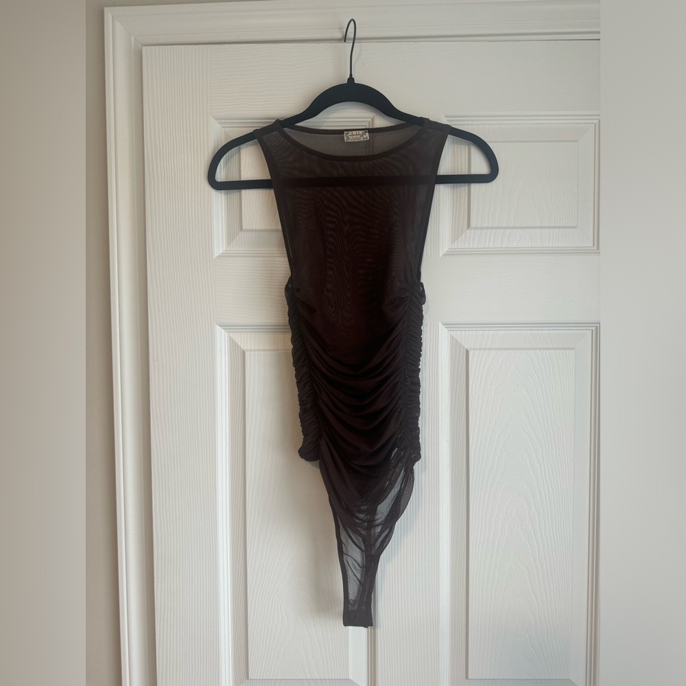 Free People Brown Ruched Sheer Bodysuit